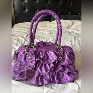 bebe Purple Ruffle snakeskin handbag with Braided Handles